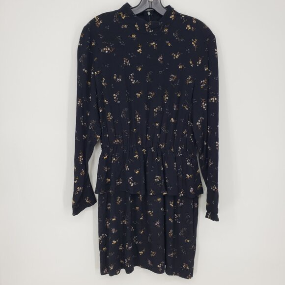 3/$25 H&M Floral Print Peplum Ruffle Mini Dress 10 Long Sleeves Mock Neck Black - Picture 1 of 9